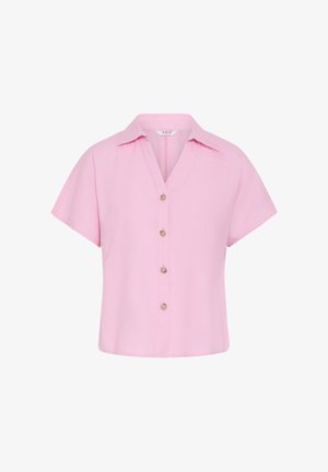 Kurzärmliges rosa Hemd mit Kragen, weiter Passform und vier beigen Knöpfen auf der Vorderseite.
