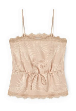 Top de camisola de satén beige con tirantes finos, adornos de encaje en el escote y el dobladillo, patrón sutil de hojas de palma y cintura ajustable con cordón.