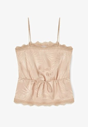 Beige satintop med tynde stropper, blondekant ved halsudskæringen og kanten, blødt palmebladsmønster og justerbar snor i taljen.