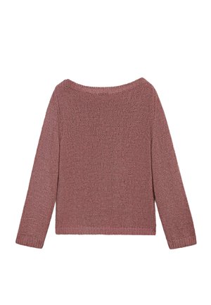 Fialový pletený svetr s dlouhými rukávy, lodičkovým výstřihem, žebrovanými manžetami a rovným lemem, zobrazený natažený na bílém pozadí.