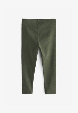 Colanți verzi cu dungi, cu talie elastică și croială ajustată. Realizați dintr-un material moale, cu o textură netedă și fără accente suplimentare.