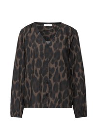 Blusa de manga larga en tela ligera, con estampado de leopardo en marrón oscuro y negro, con escote en V y cierre de botones.
