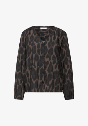 Blouse met lange mouwen van lichtgewicht stof, met een luipaardprint in donkerbruin en zwart, voorzien van een V-hals en knoopsluiting.