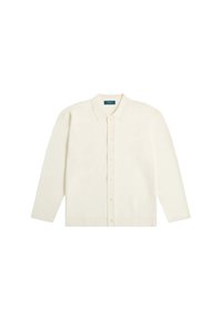 Crème-kleurige gebreide cardigan met een spreidkraag, lange mouwen, knopenlijst aan de voorkant en geribbelde zoom. Zachte textuur en lichtgewicht ontwerp.