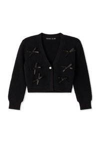 Cardigan corto nero realizzato in tessuto texturizzato con scollo a V profondo, dotato di decorative fiocchi in raso neri e chiusura con un singolo bottone perla.