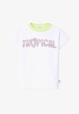 Biała koszulka z krótkim rękawem z jasnoróżowym kołnierzykiem i napisem "TROPICAL" z różowych kropek, z sercem wkomponowanym w litery.