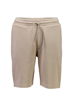 Beiget puuvillahousut, joissa on joustava vyötärönauha, säädettävä kiristysnauha ja sivutaskut, sileä pinta ja puolivälin yläosan pituus.