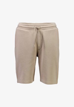 Beige katoenen shorts met een elastische tailleband, verstelbare trekkoord en zijzakken, met een gladde textuur en een lengte tot halverwege de dij.