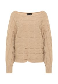 Pulover bej din tricotaj cu model, cu decolteu larg, textură și mânici lungi. Materialul pare moale și călduros.