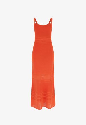 Ärmelloses orangefarbenes Midikleid mit strukturierten horizontalen Streifen, tailliertem Oberteil und halbtransparenten, gemusterten Bändern am Saum.