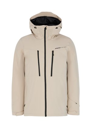 Beige wasserdichte Jacke mit Kapuze, schwarzen Akzenten, Reißverschlusstaschen und Belüftungslöchern. Mit einem Logo auf der Vorderseite und verstellbaren Bündchen.