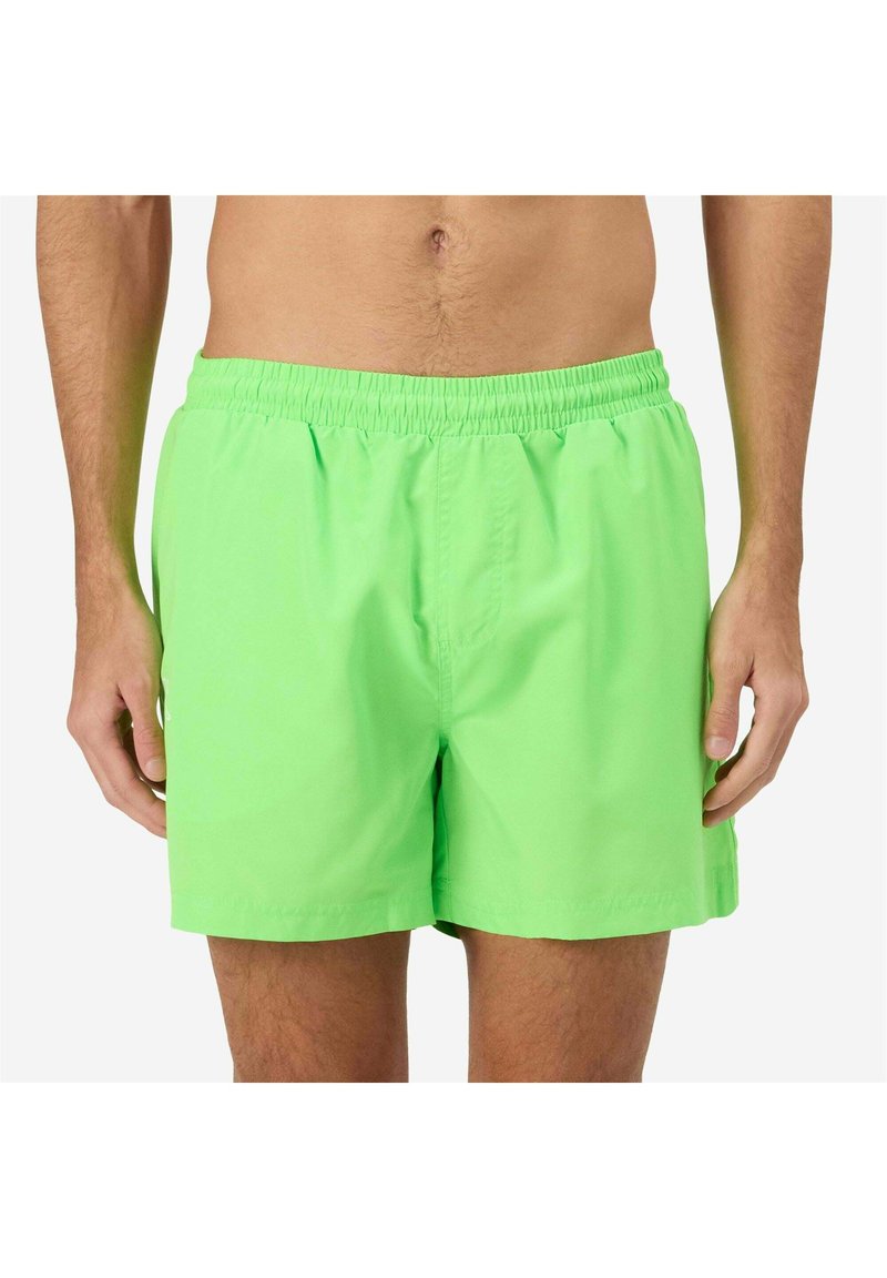 Shorts da bagno verdi realizzati in tessuto leggero, dotati di una vita elastica e di una vestibilità comoda. Tessuto liscio senza motivi visibili.