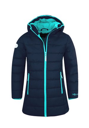 Kinder navyblaue Steppjacke mit türkisfarbenem Reißverschluss, Kapuzenfutter und Taschenblenden, mit einem Logo auf dem linken Ärmel und am Bündchen.
