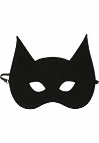 Svart tygmask med spetsiga öron, med utskurna ögonformer och en slät yta. Justerbar rem på sidan för säker passform.