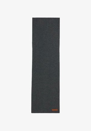 Mørkegråt strikket tørklæde med ribbet tekstur, der har en lille brun læderdetalje i den ene ende. Rektangulær form, blødt materiale.