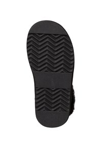 Semelle en caoutchouc noire avec un motif de semelle en zigzag, design plat, texture lisse et bout arrondi ; pas de marquage visible ni de détails supplémentaires.