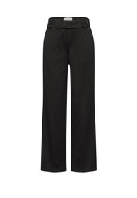 Pantaloni neri con una vestibilità su misura, gambe dritte, dettagli con bottoni in vita e una texture della stoffa liscia.