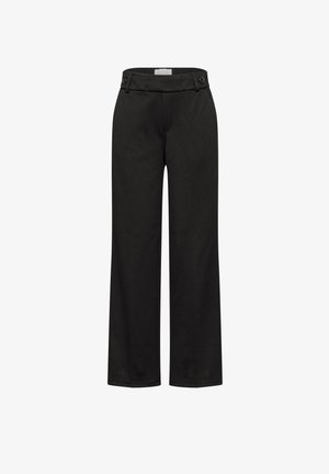 Pantaloni neri con una vestibilità su misura, gambe dritte, dettagli con bottoni in vita e una texture della stoffa liscia.