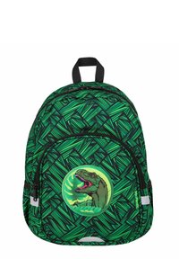 Backpack with green abstract pattern, featuring a circular dinosaur patch. It has black accents and a top handle for carrying.