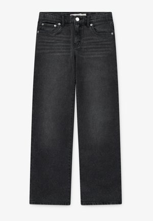 Sorte vidde jeans med forreste knap og lynlås, for- og baglommer samt bæltestropper, vist fladt på hvid baggrund.