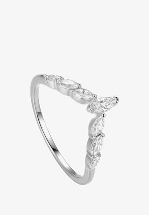 Silberring mit polierter Oberfläche, der fünf in einer gebogenen Anordnung entlang des Bands gefasste, strahlend klare, marquise-förmige Steine aufweist.