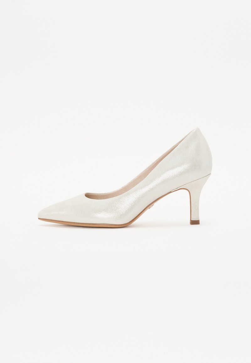 Silver glittery high-heel pump with a pointed toe, smooth texture, subtle sheen, and a slender heel, providing an elegant silhouette.