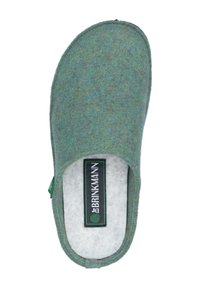 Green felt slipper with a closed back and rounded toe, featuring a cushioned insole and a fabric label with black and green accents.