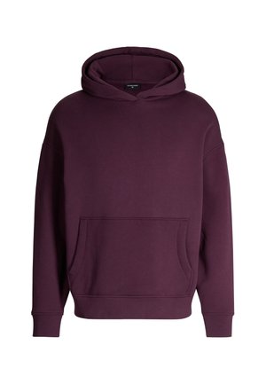Lila übergroßer Hoodie aus Baumwollmischgewebe, mit einer vorderen Kängurutasche und Kapuze mit Kordelzug sowie gerippten Bündchen.