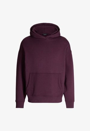 Lila übergroßer Hoodie aus Baumwollmischgewebe, mit einer vorderen Kängurutasche und Kapuze mit Kordelzug sowie gerippten Bündchen.