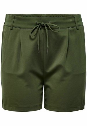 Pantalones cortos verde oliva hechos de una tela suave, con una cintura elástica regulable, pliegues en la parte delantera y bordes de dobladillo limpios sin bolsillos.