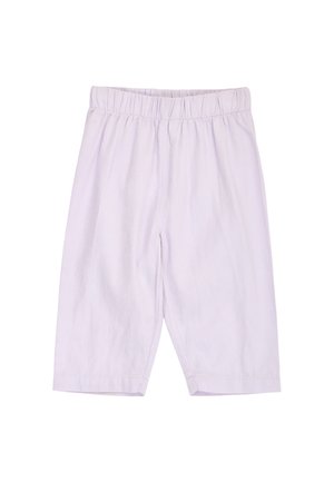 Hellviolette knielange Hosen mit elastischem Bund und geraden Beinen, auf weißem Hintergrund dargestellt.