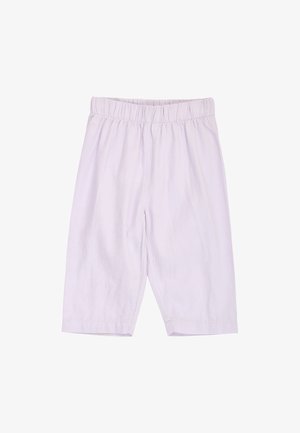 Lichtpaarse knielange broek met een elastische tailleband en rechte pijpen, afgebeeld op een witte achtergrond.