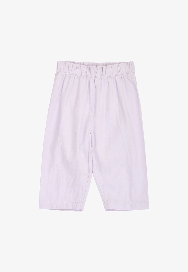 Pantalon violet clair à hauteur de genou avec taille élastique et jambes droites, affiché sur fond blanc.