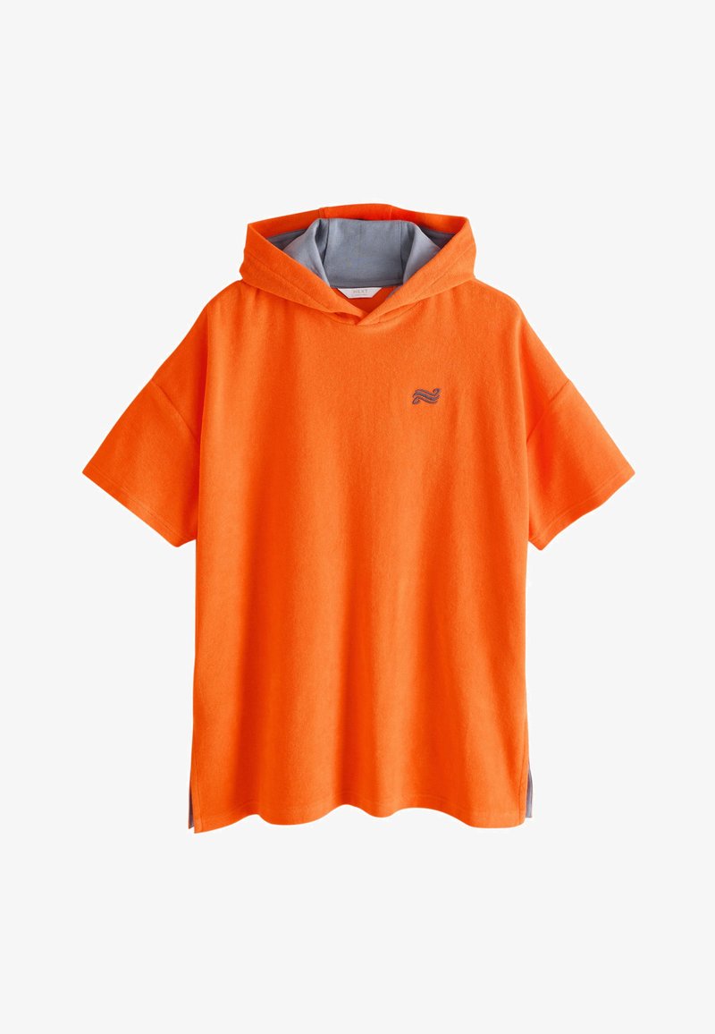 Feloranje korte mouw hoodie met grijze binnenvoering in de capuchon en een klein donker golflogo op de linkerborst, losse pasvorm, zijsplitten bij de zoom.