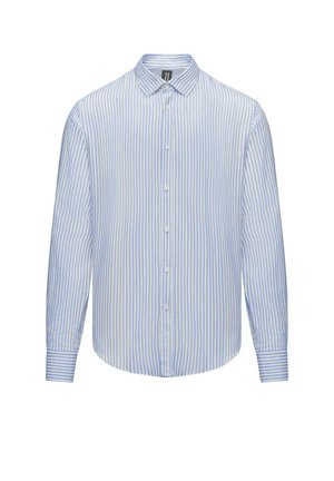 Camicia button-up a righe blu chiaro e bianche, realizzata in cotone, con colletto e maniche lunghe con polsini a bottoni.