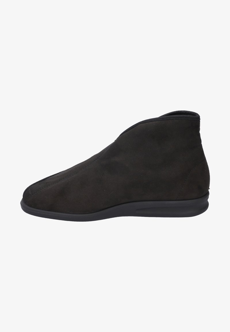 Black suede ankle boot with a smooth texture, minimalistic design, rounded toe, and flexible rubber sole for comfort.