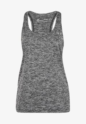 Szara sportowa koszulka bez rękawów wykonana z teksturowanej, oddychającej tkaniny. Ma fason z wycięciem na plecach oraz skromny dekolt w kształcie łódki.