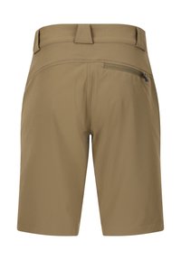 Ljusbruna knä-långa shorts tillverkade av lättviktigt tyg. Har en ficka med blixtlås på baksidan, bältesögglor och en slät yta.