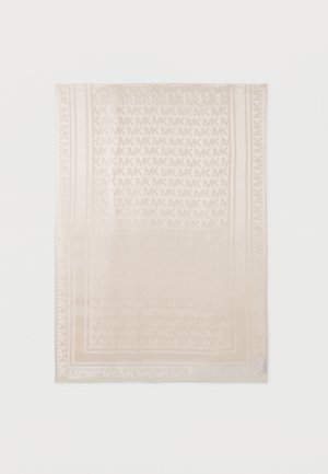 Écharpe rectangulaire beige avec un motif répétitif subtil "MK" et des bords bordés sur un fond blanc.