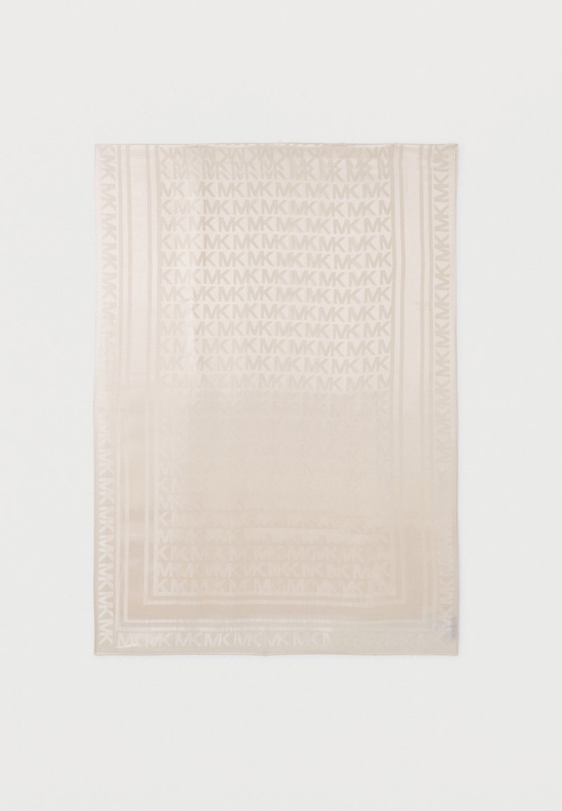Μπεζ ορθογώνιο κασκόλ με διακριτικό επαναλαμβανόμενο μοτίβο "MK" και περιμετρικά άκρες σε λευκό φόντο.