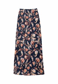Maxi-Rock aus leichtem Stoff, mit einem dunkelblauen Hintergrund und einem floralen Muster in warmen Farbtönen von Rot, Orange und Creme.