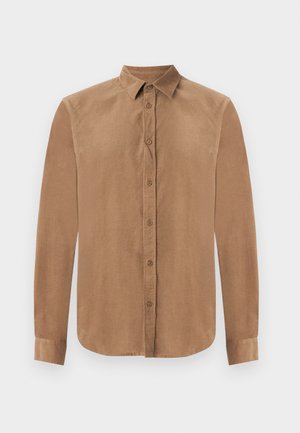 Brown, long-sleeve button-up shirt in soft fabric, featuring a classic collar and front button closure. Smooth texture with a straight cut.