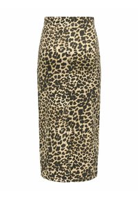 Leren pencil skirt met luipaardprint in beige en zwart, met een strakke pasvorm, gladde stof en een lengte tot de knie.
