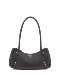 Borsa a tracolla in pelle nera con forma curvata, finitura testurizzata, dettagli in oro e logo triangolare sul davanti. Due manici corti.