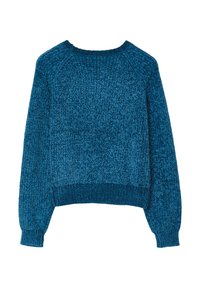 Pull en maille de couleur bleu canard profond, avec un col rond et des poignets côtelés, fabriqué dans un tissu texturé et offrant une coupe décontractée.