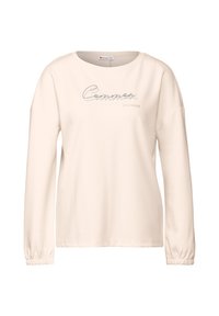 Cremfarbener Langarm-Sweatshirt aus weichem Stoff, mit Rundhalsausschnitt und elastischen Bündchen, versehen mit einem metallischen Schriftzug-Design.