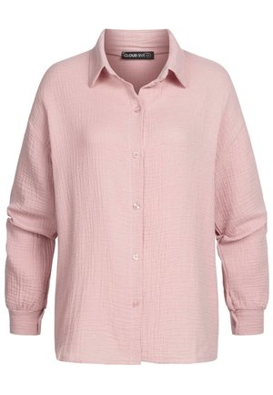 Chemise boutonnée rose clair en tissu texturé et froissé. Dotée de manches longues, d'un col et de petits boutons le long de la patte de boutonnage.