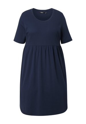 Marineblauwe jurk met korte mouwen, ronde halslijn en geplooide taille, knielengte, casual stijl voor dames.
