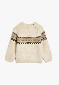 Beige stickad tröja med ett Fair Isle-mönster som har gröna, orange och blå accenter. Rund hals och två knappstängningar bak.
