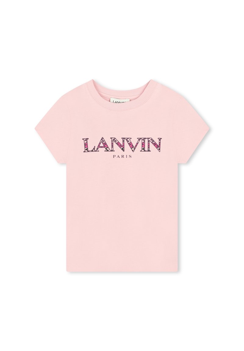 T-shirt à manches courtes rose clair avec le texte "LANVIN PARIS" en police à motifs et solide, centré sur le devant.